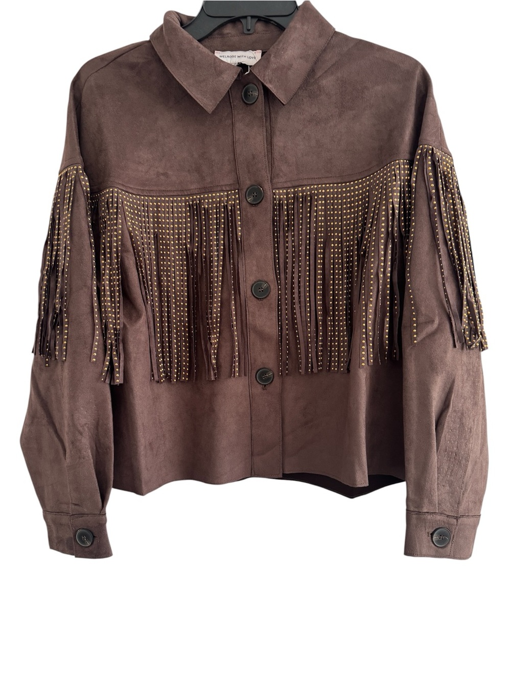 NWT Melrose With Love Studded Fringe Faux Suede Western Jacket Brown Medium